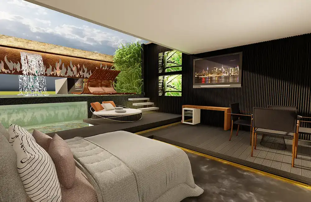 piscina indoor com jardim vertical