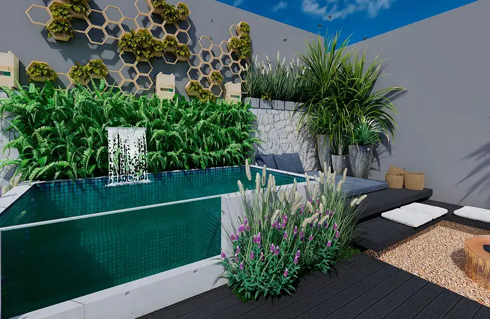 piscinas pequena com vidro e parede com paisagismo