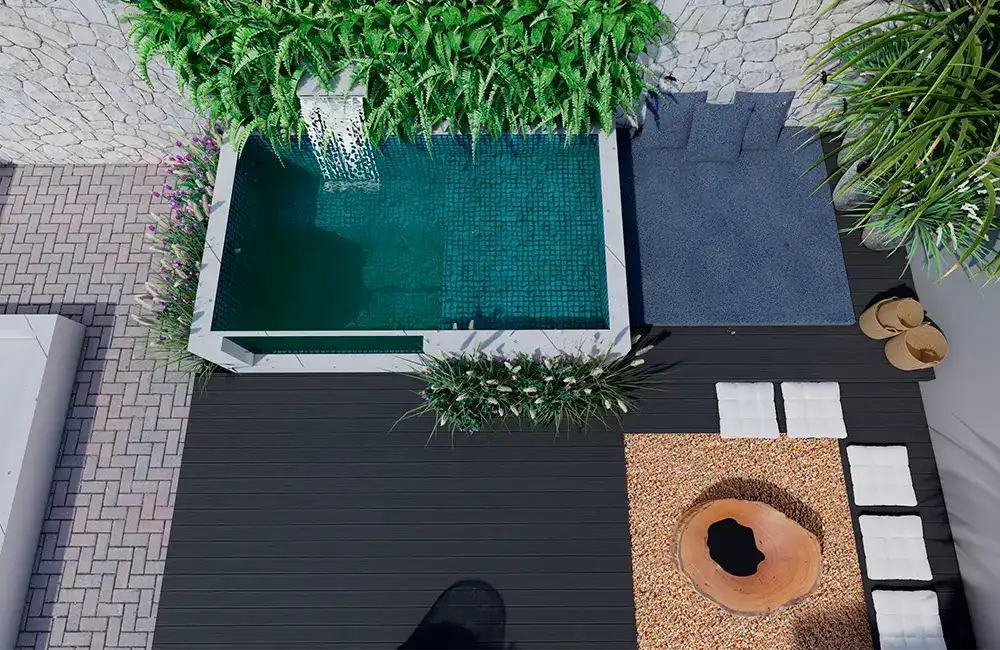 piscina com jardim vertical e cascata integrada