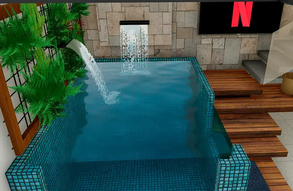 cascata na decoração da area de lazer 