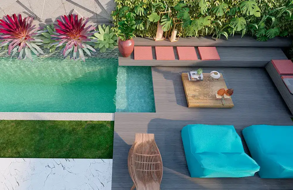 espaço de piscina com deck removivel para aumentar o espaço