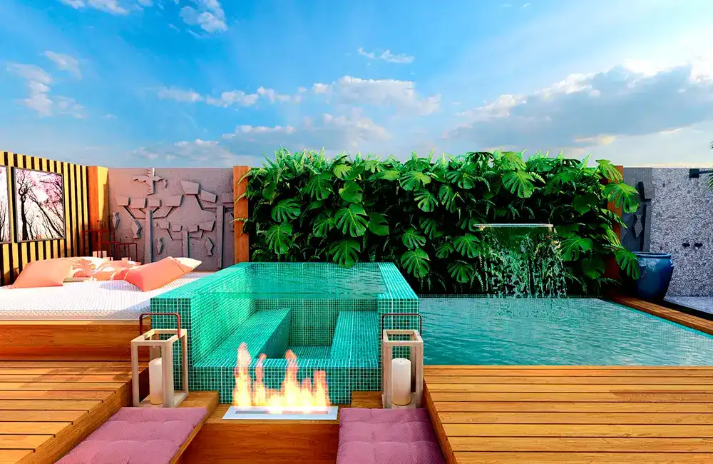 cantinho para relaxar em uma area de lazer pequena completa com paisagismo e piscina