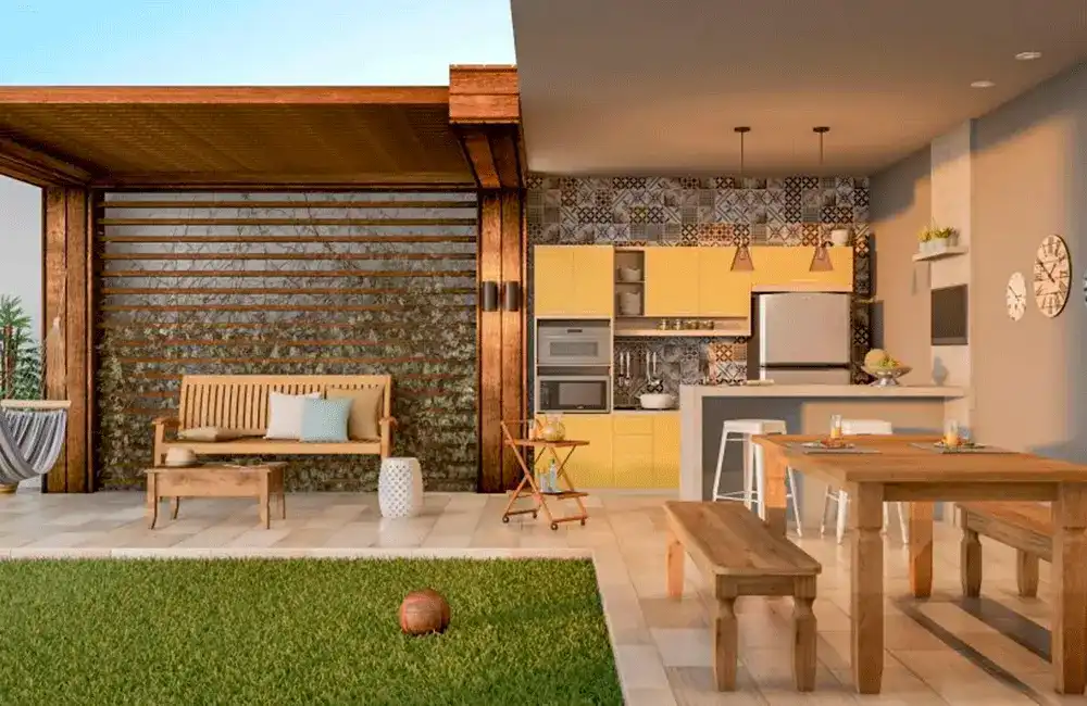 cozinha ao ar livre bem decorada na area de lazer