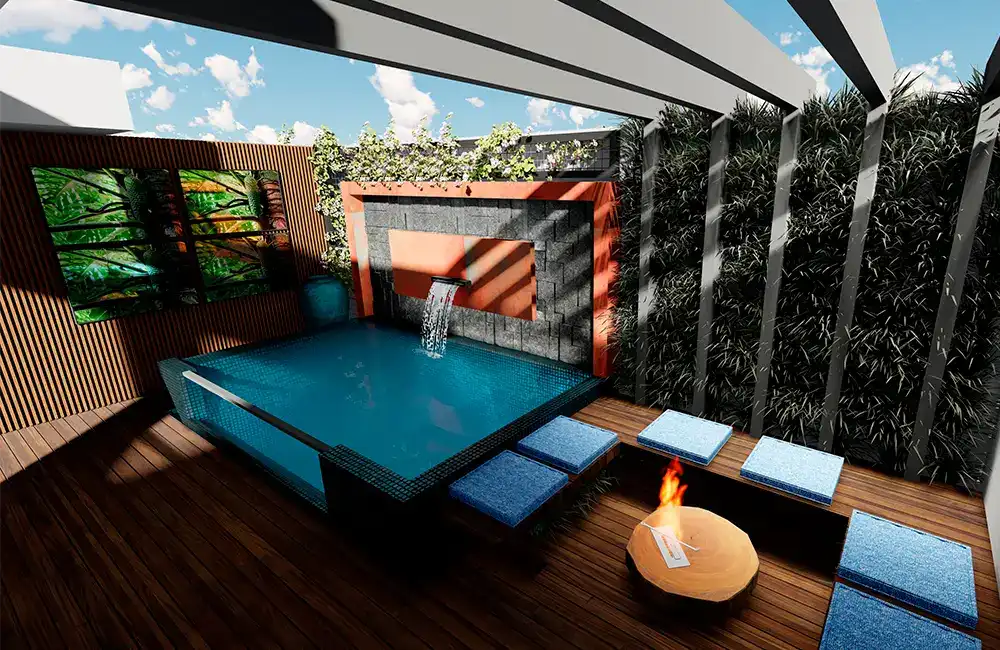 paineis de ripado e pisos externa na decoração da area de lazer pequena com espaço fogueira e piscina de vidro