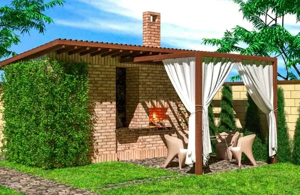 parede de tijolinho no pergolado simples da area de lazer