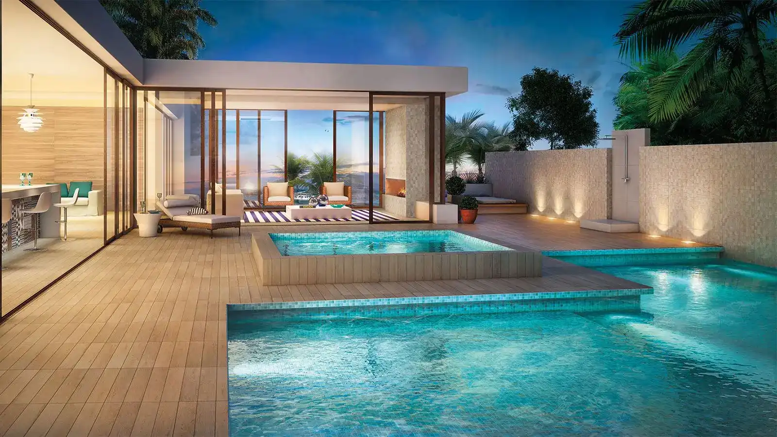 6 Modelos de Porcelanato para Piscina: Dicas e Ideias +30 fotos 78 foto noturna piscina e spa integrado com revestimento de porcelanato