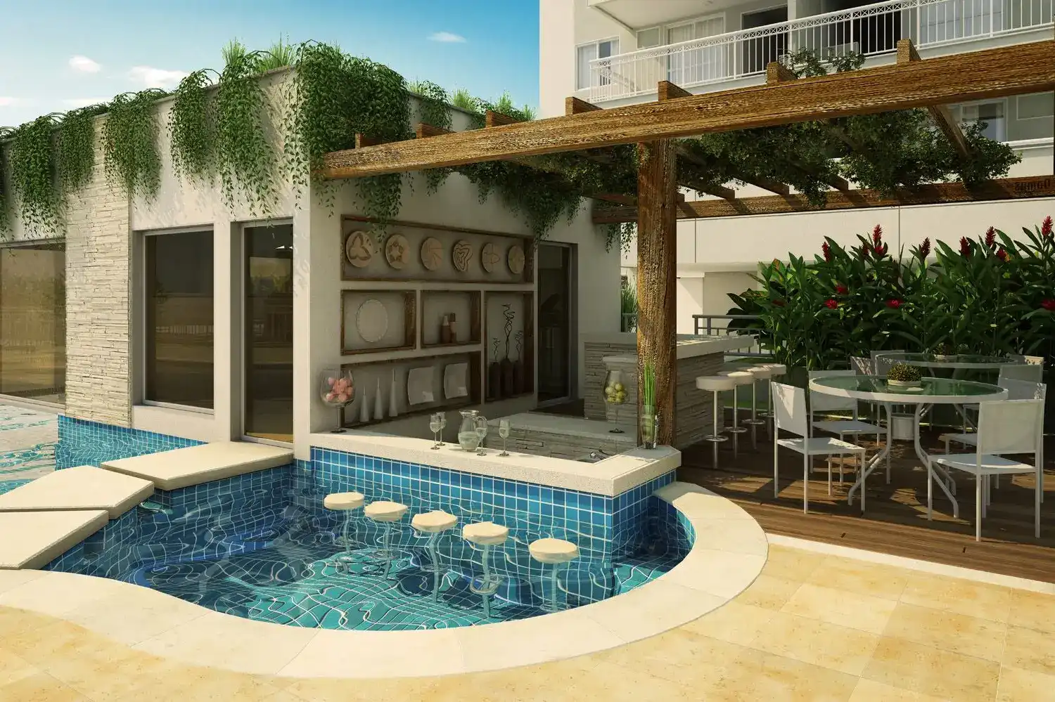 Quiosque Com Churrasqueira: +55 fotos para inspirar seu espaço rústico ou pequeno 125 piscina redonda com quisque de madeira e plantas trepadeiras
