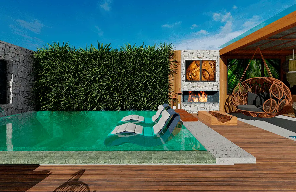 bastante plantas na área gourmet rústica com piscina