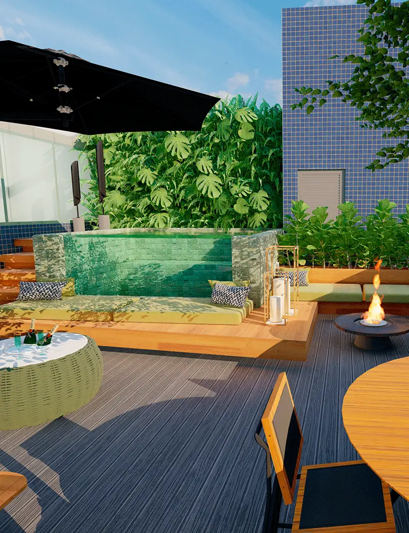 piscina elevada com vidro e jardim vertical