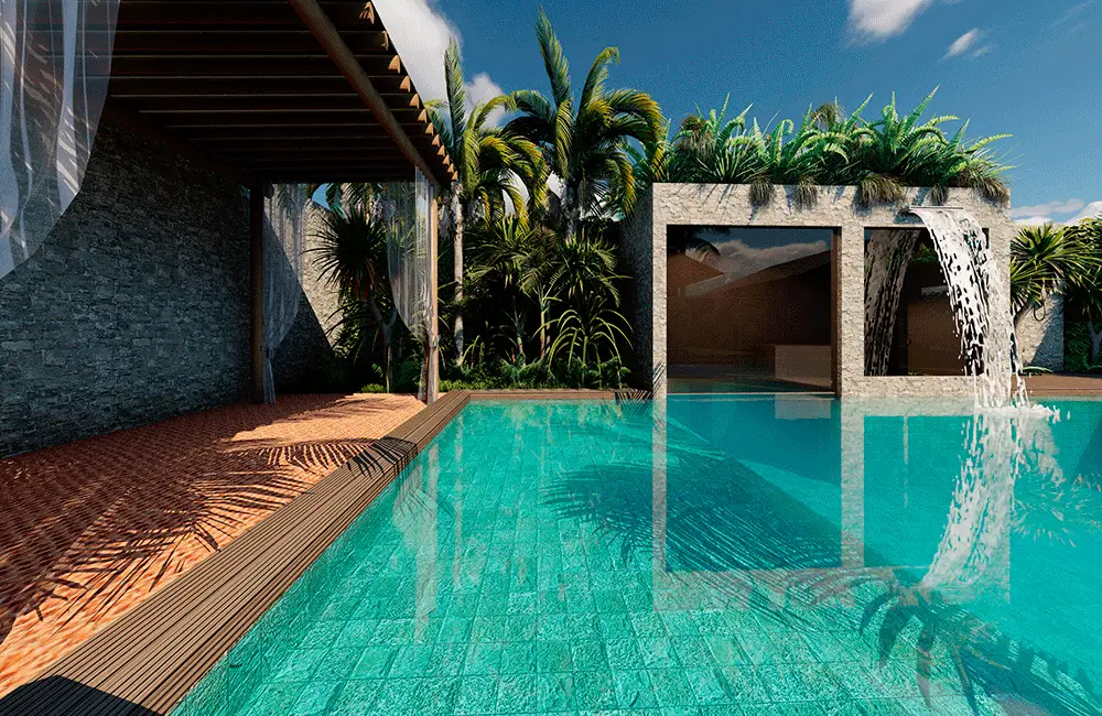área rústica com piscina de revestimento hijau