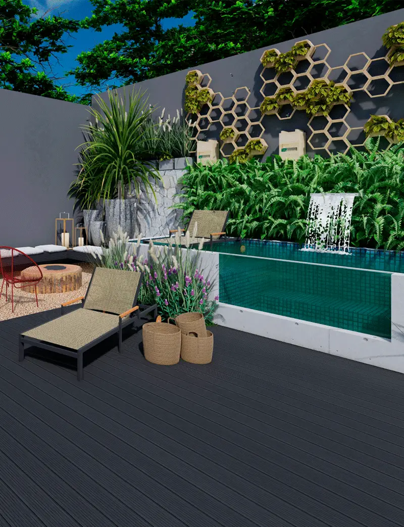 piscina com cascata e deck preto