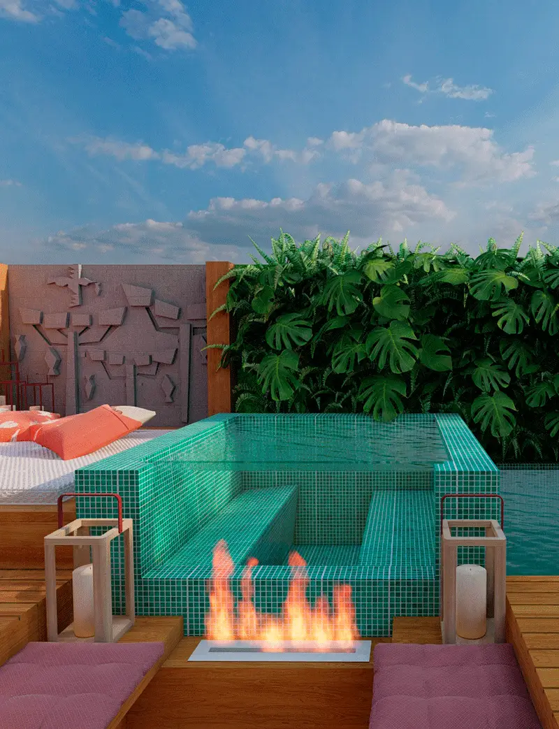 piscina simples com jardim vertical e lareira na frente do espelho na area gourmet