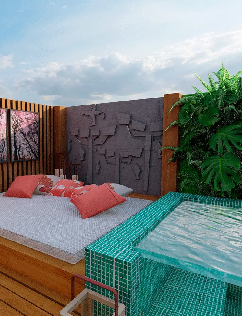 iluminação natural na piscina com deck e jardim vertical