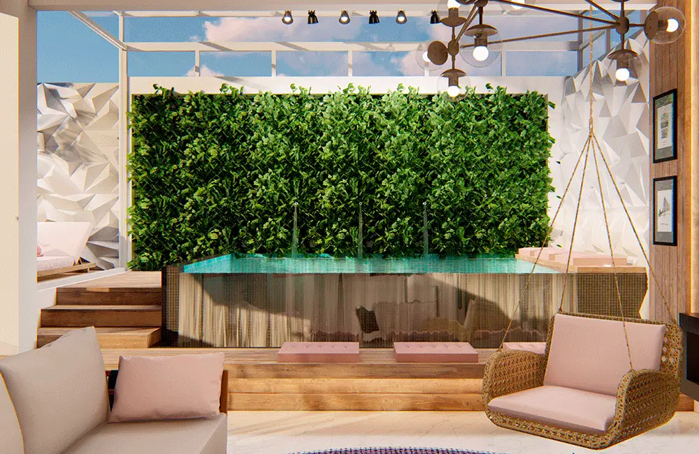 parede de jardim vertical na piscina com churrasqueira