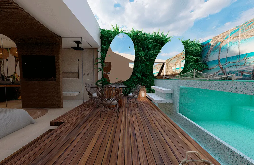 deck de madeira em combinação com os ambientes, integrando a piscina com area gourmet
