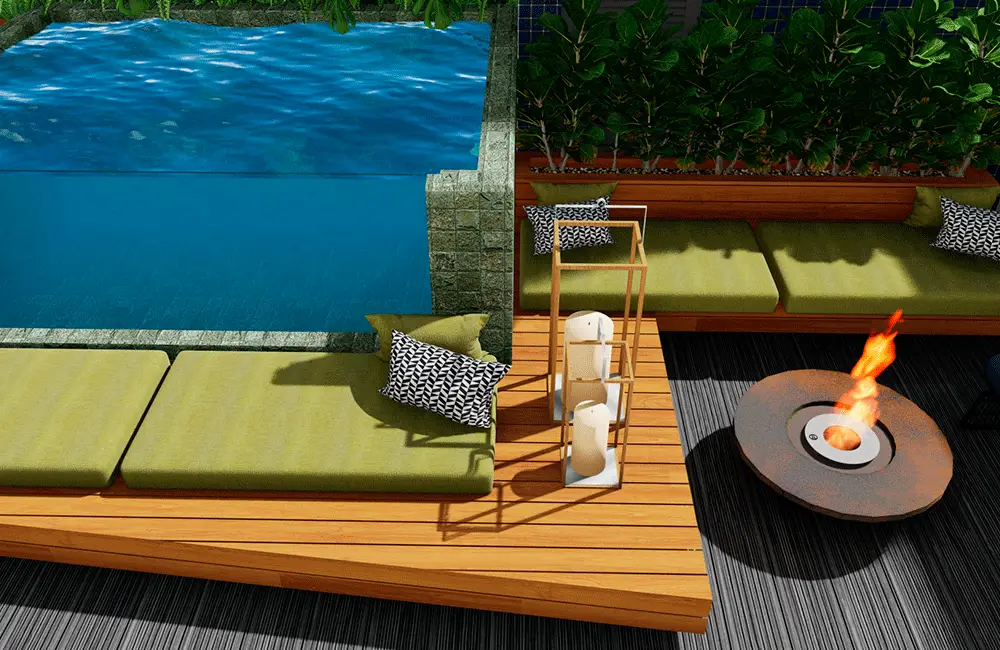 integração da decoração e combinação da medeira e piscina