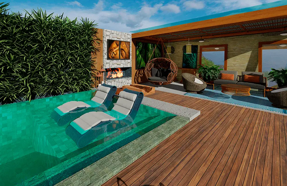 toque rústico na decoração da área gourmet com piscinas