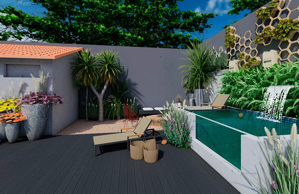 piscina elevada na área gourmet simples com bastante plantas na decoração