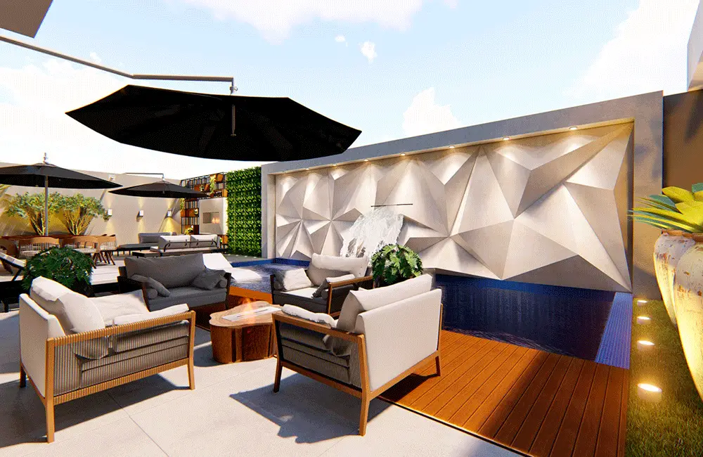 parede com páineis 3d para decoração de piscina