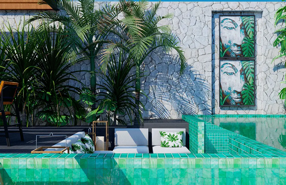 parede de pedras na piscina com palmeiras 