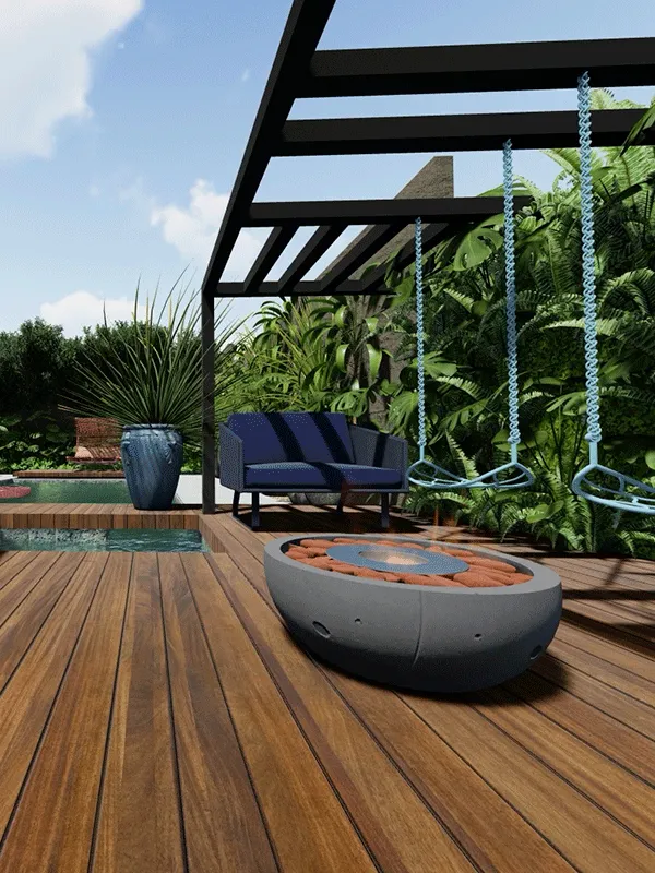 pergoladoc om lareira e balnça de corda zul