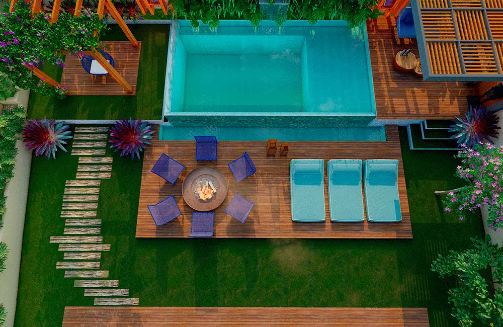 calçadas e grama em volta da piscina com prainha