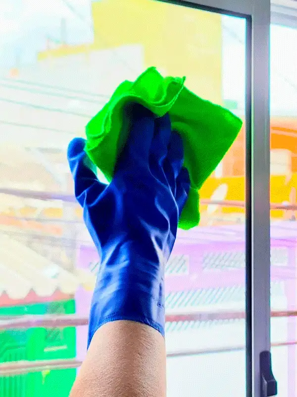 mão com luva azul limpando vidro com pano verde