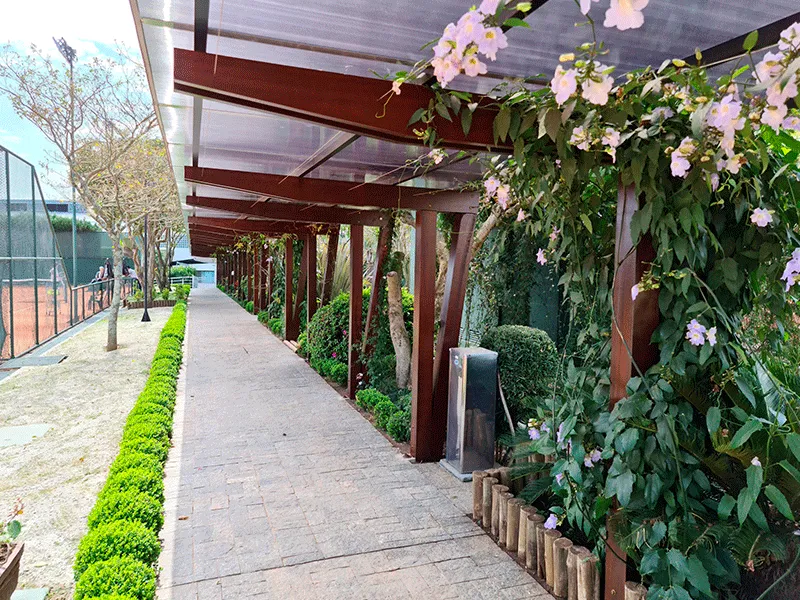pergolado com fibras naturais no jardim repleto de plantas e buxinho