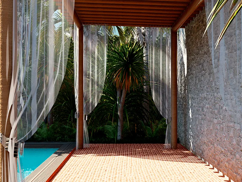 recanto com cortinas do pergolado