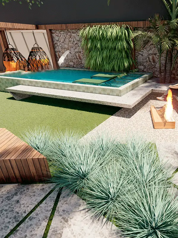 vegetação para piscina elevada com pedras naturais