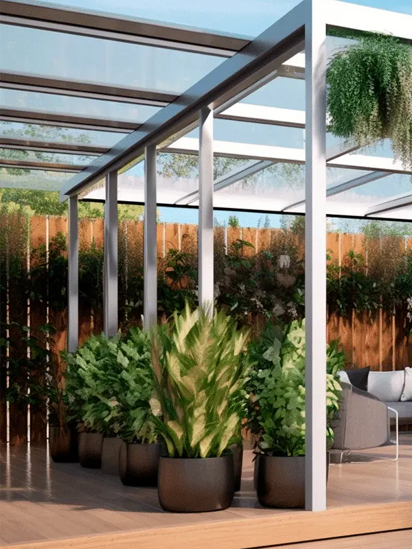 pergolado de vidro com plantas