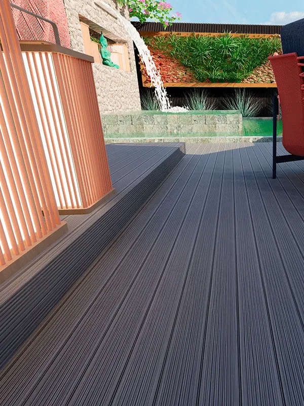 deck cinza com luminaria de chão