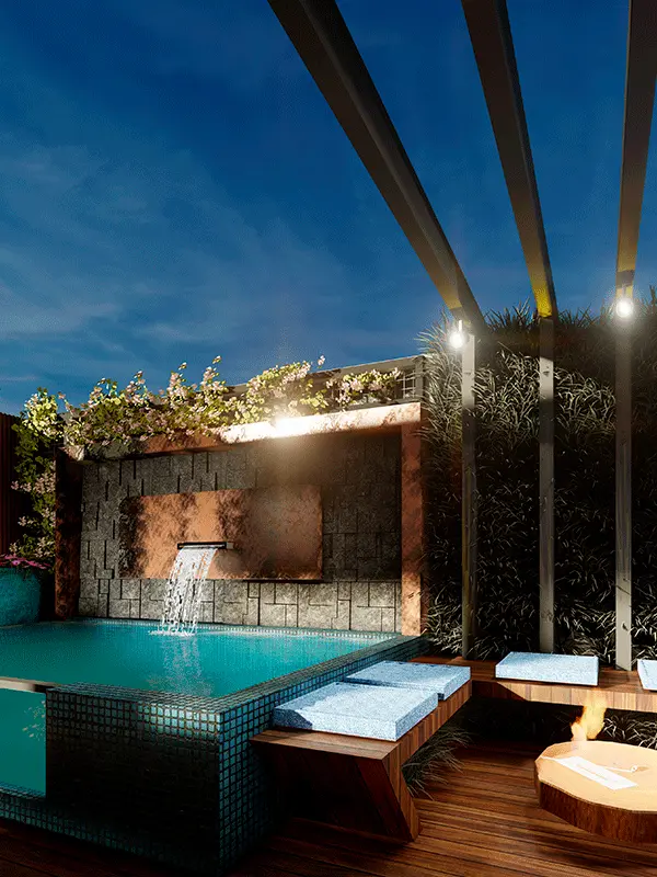 pergolado com piscina e iluminação
