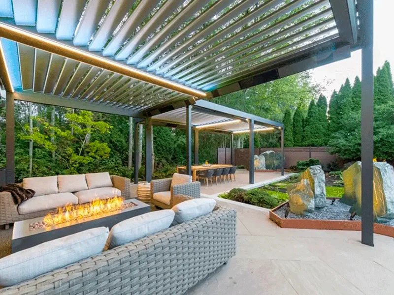 jardim encantado com pergolado de aluminio e cobertura