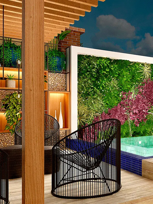 pergolado iluminado com jardim vertical na parede da piscina