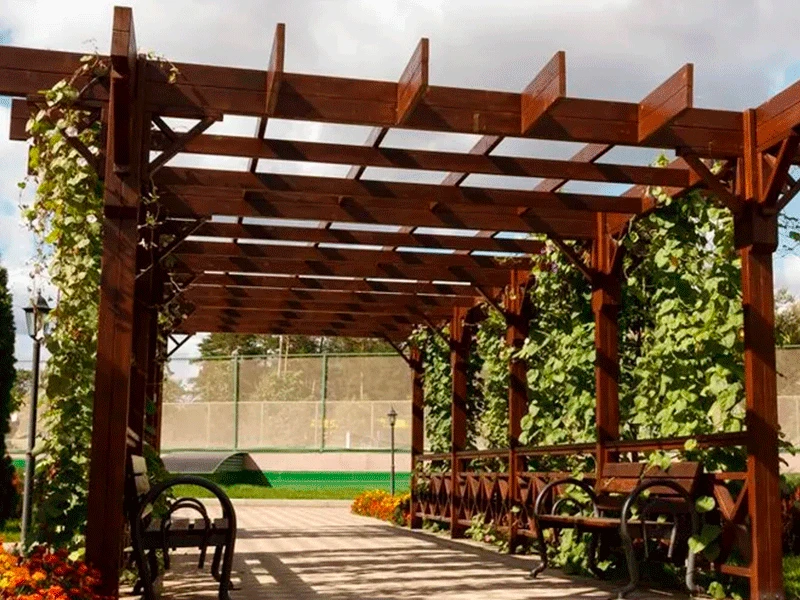 pergolado de madeira com vinhas na parede com treliças
