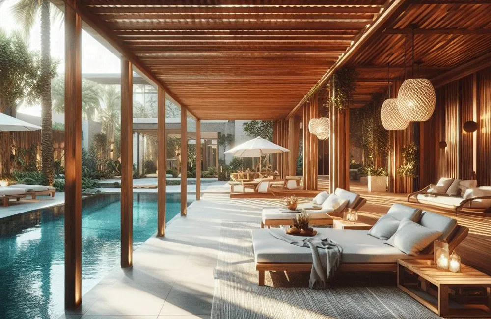 Pergolado de eucalipto na área de lazer com piscina, com piso cimenticio cinza com espreguiçadeiras e decoração com madeiras