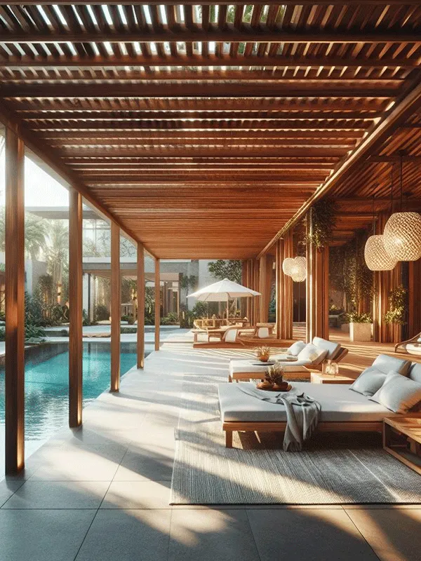 Área de piscina com pergolado de eucalipto