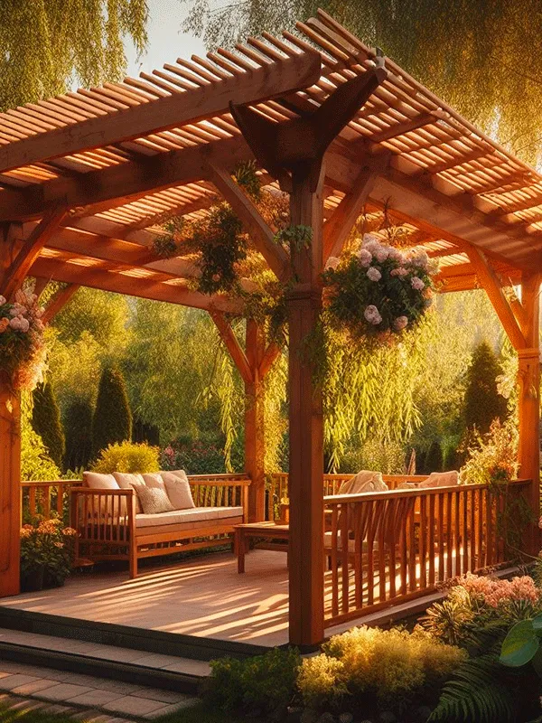 deck com pergolado de madeira no jardim com muitas plantas