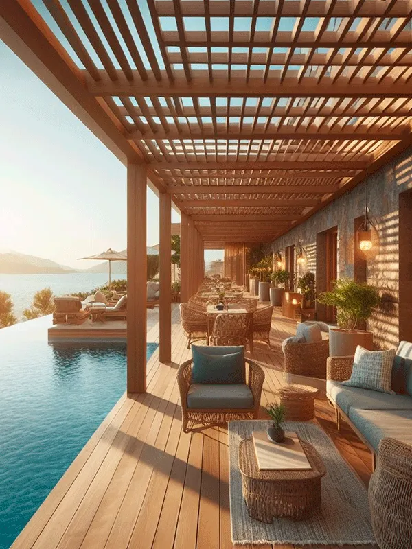 Piscina com Borda Infinita e pergolado de eucalipto