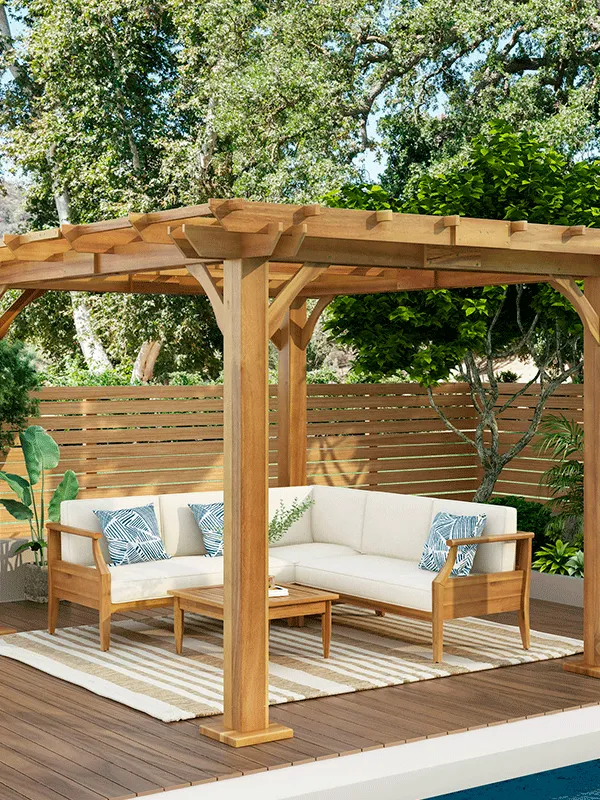 Pergolado de madeira na área de lazer com sofa 