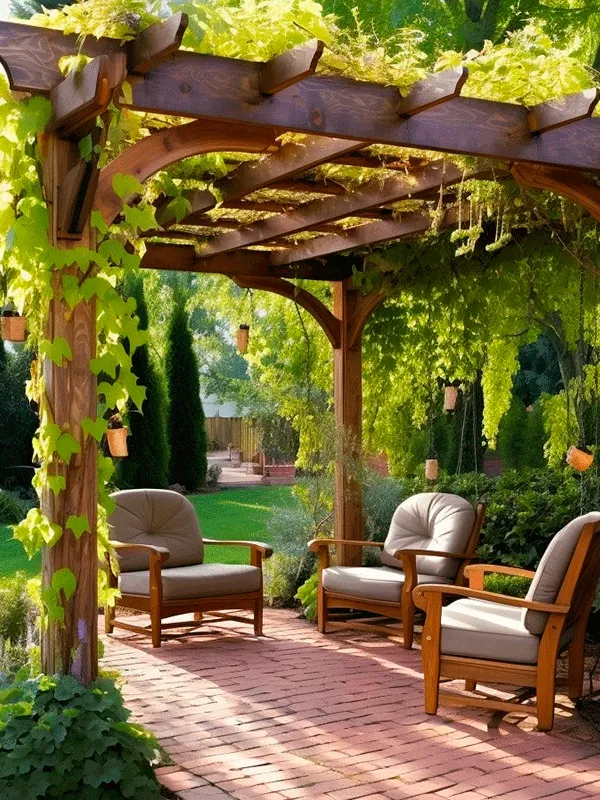 Sofas para pergolado com plantas trepadeiras na sua estrutura