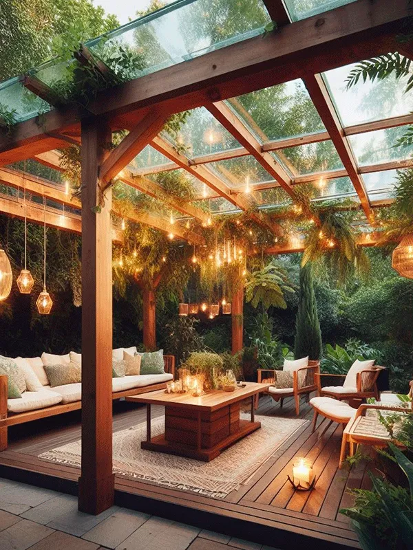 Pergolado de eucalipto com cobertura de vidro, várias iluminações em volta