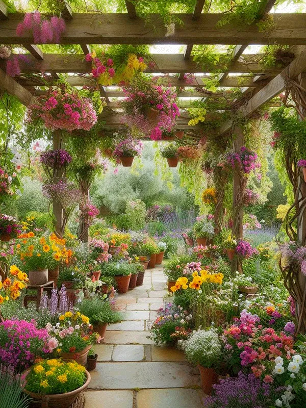 Pergolado de eucalipto com flores