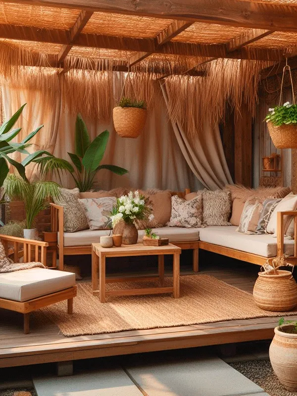 Pergolado com cobertura de palha e móveis de decoração