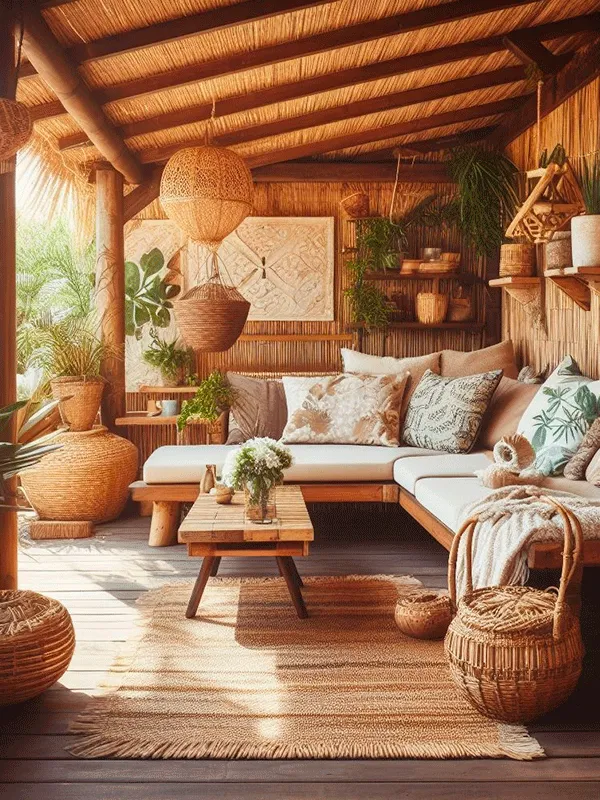 Explicamos o que é um pergolado, essa foto mostra a estrutura feita de eucalipto com forro de palha