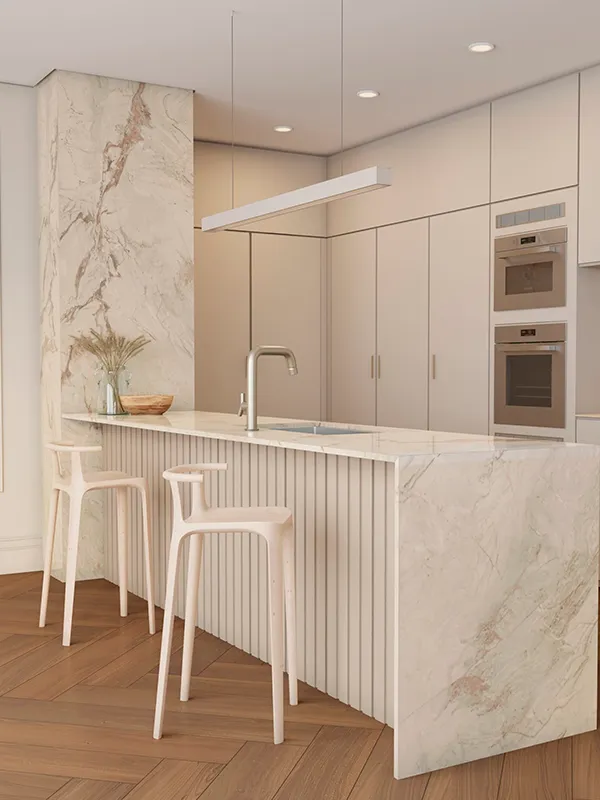 cozinha com bancada de porcelanato