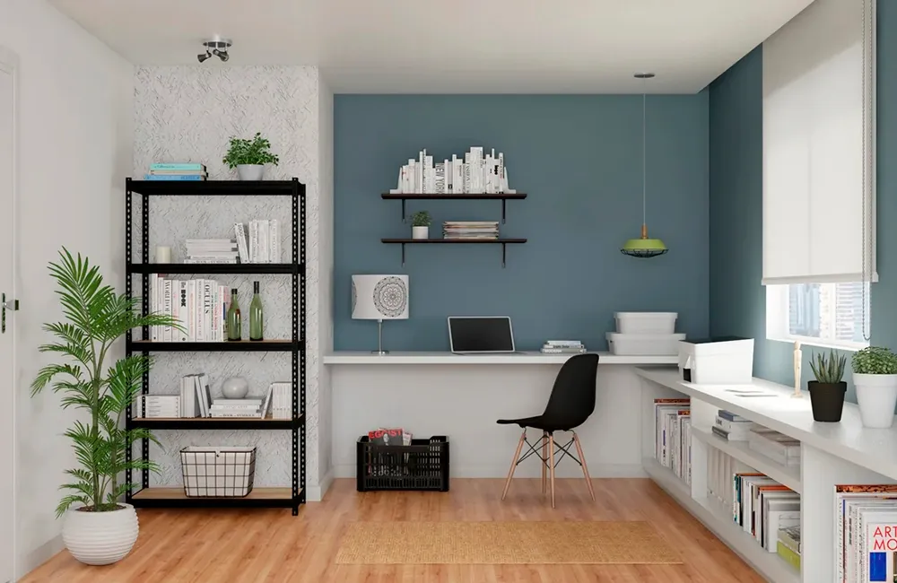 escritório planejado com móveis e piso laminado