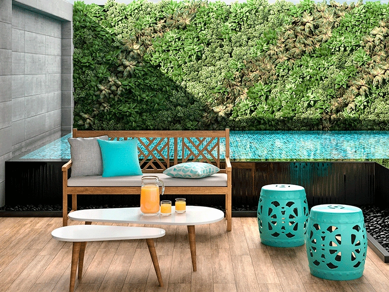 paisagismo pisicna com pedra ardosia e uma parede de jardim vertical complementando o paisagismo