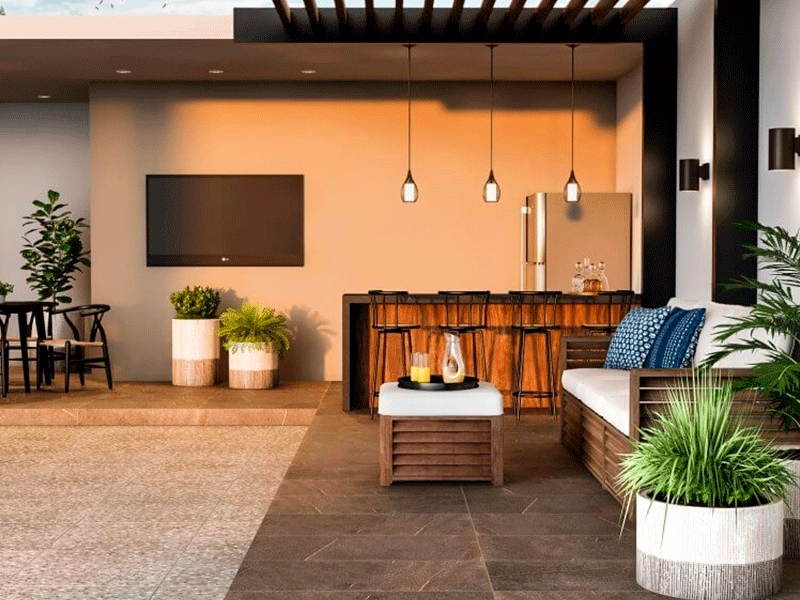 piso com pedra arosia em um espaço com pergolado de metal